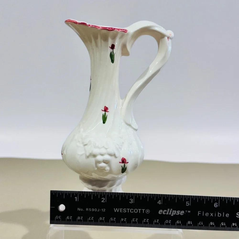 Vintage White‎ Pitcher W Hand Painted Red Flowers Bud Flower Vase Scalloped Rim